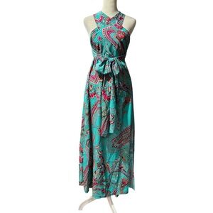 Summer Paisley Maxi Dress in Teal and Pink, New, S